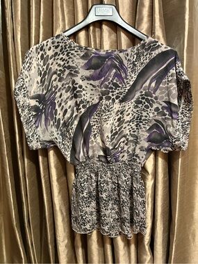 Miley Cyrus & Max Azria Gray and Purple Sheer Printed Top #1968